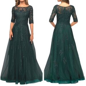 LA FEMME Floral Lace & Tulle Gown NEW Size 16 Emerald Green Dress